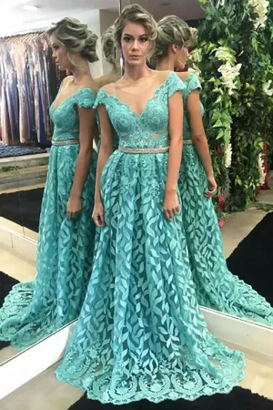 A-Line Crew Cap Sleeves Sweep Train Blue Lace Prom Dress with Beading LRA464