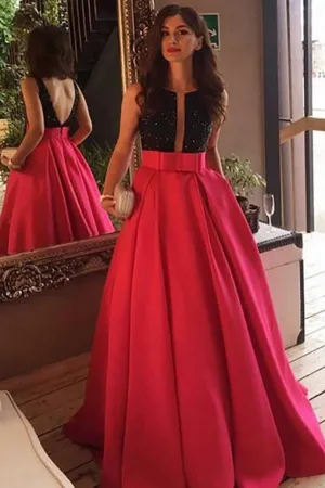 A-Line Crew Sweep Train Red Satin Backless Prom Dress with Bowknot Pockets LRA365