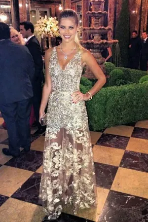 A-Line Deep V-Neck Floor-Length Silver Tulle Backless Prom Dress with Appliques LRA414