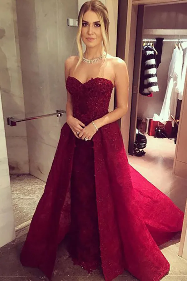 A-Line Sweetheat Court Train Dark Red Lace Prom Dress with Appliques LR425