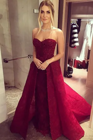 A-Line Sweetheat Court Train Dark Red Lace Prom Dress with Appliques LR425