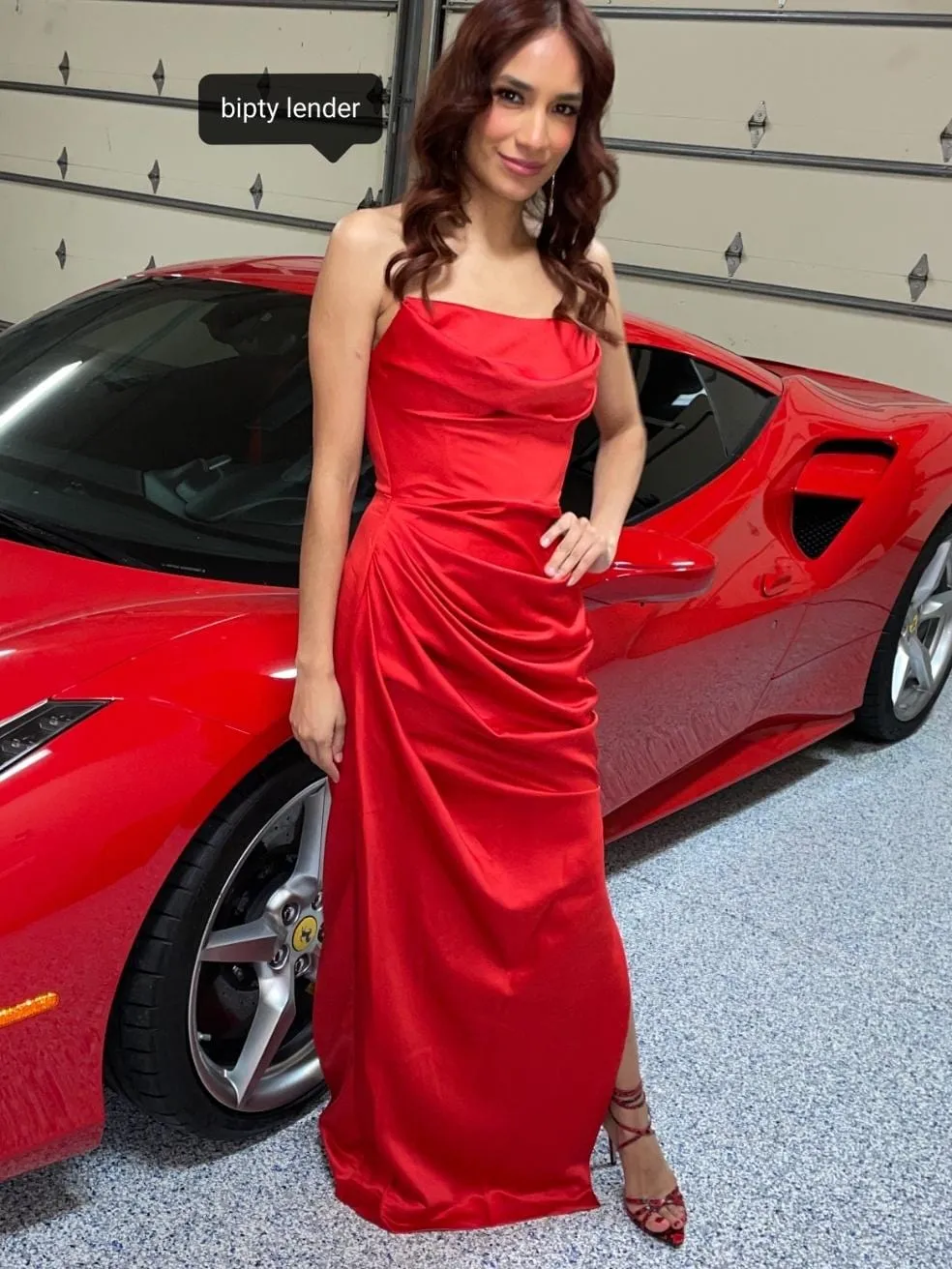 Adrienne scarlet satin strapless gown