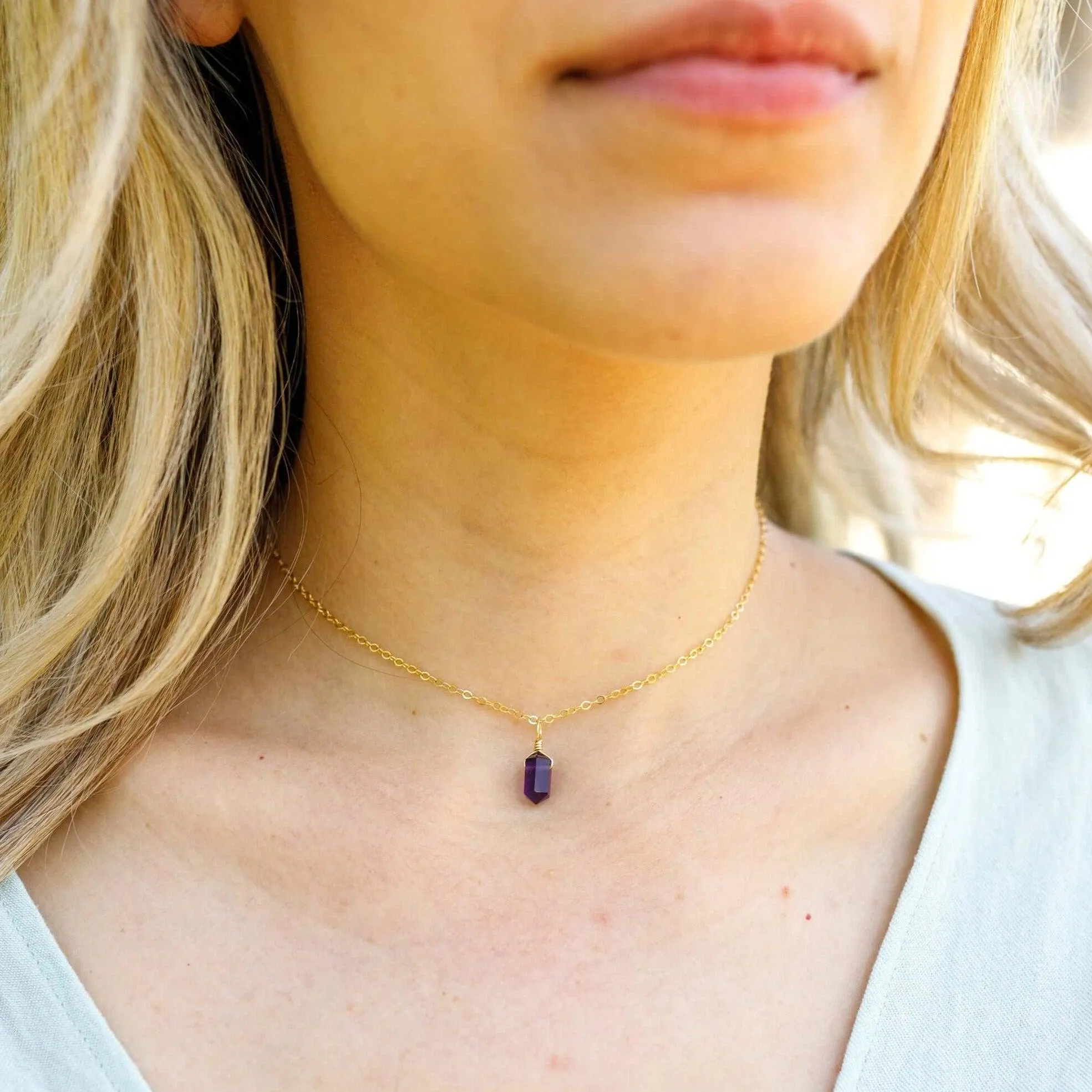 Amethyst Mini Double Terminated Crystal Point Pendant Choker Necklace