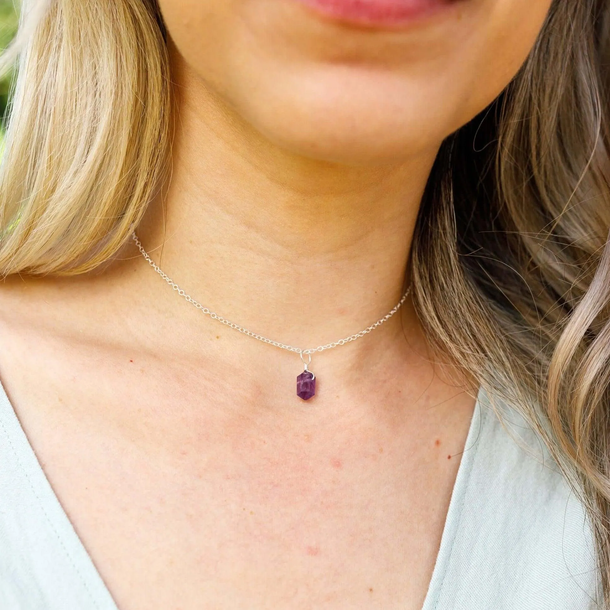 Amethyst Mini Double Terminated Crystal Point Pendant Choker Necklace