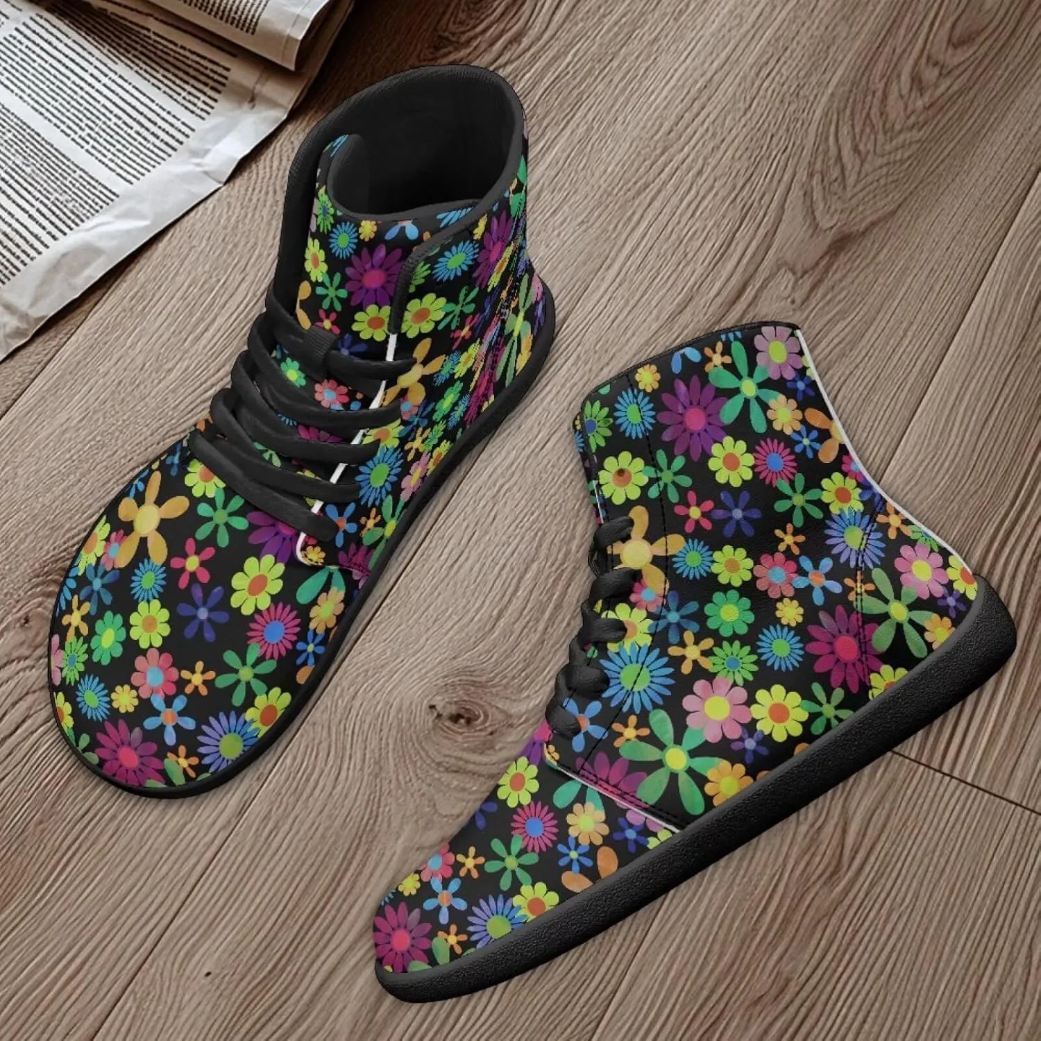 Binienty Wide Width Barefoot Shoes Men Women PU High Top Lace-up Cross-Trainer Sneakers Non Slip Flats