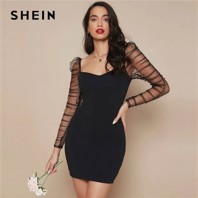 Black Rushed Sheer Sleeve Body-con Dress For Women