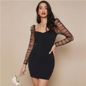 Black Rushed Sheer Sleeve Body-con Dress For Women