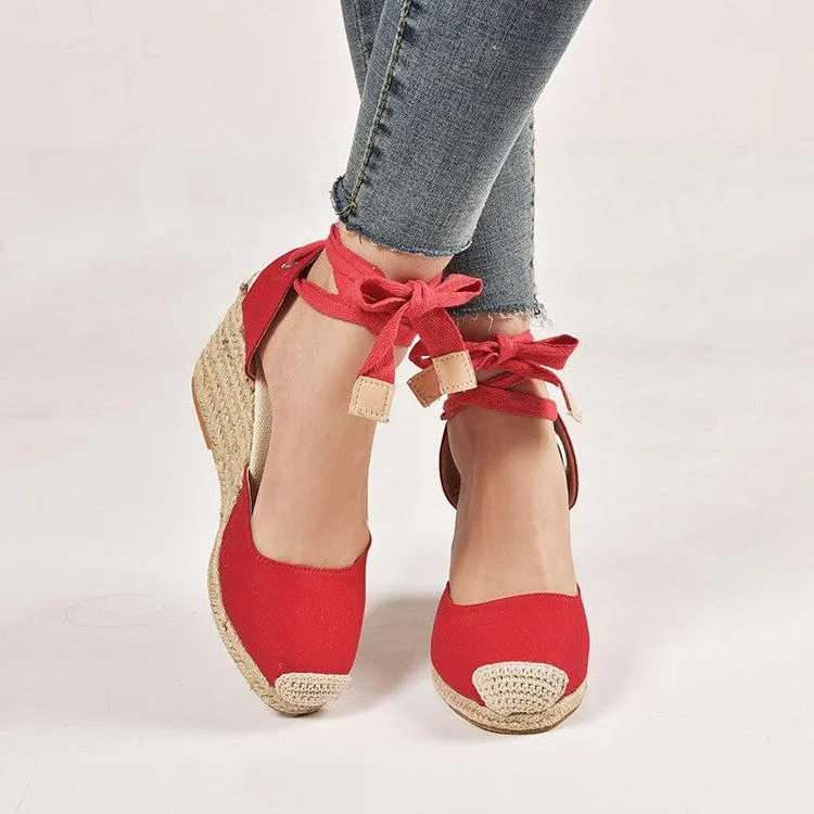 Chicvane Lace Up Close Toe Wedge Sandals Espadrille Sandals