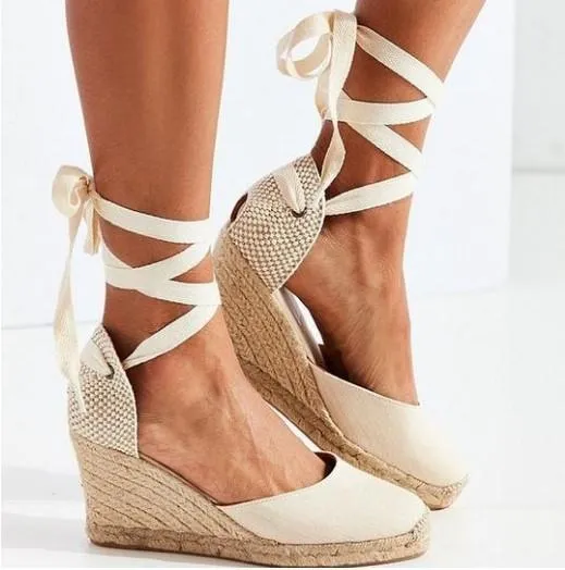 Chicvane Lace Up Close Toe Wedge Sandals Espadrille Sandals