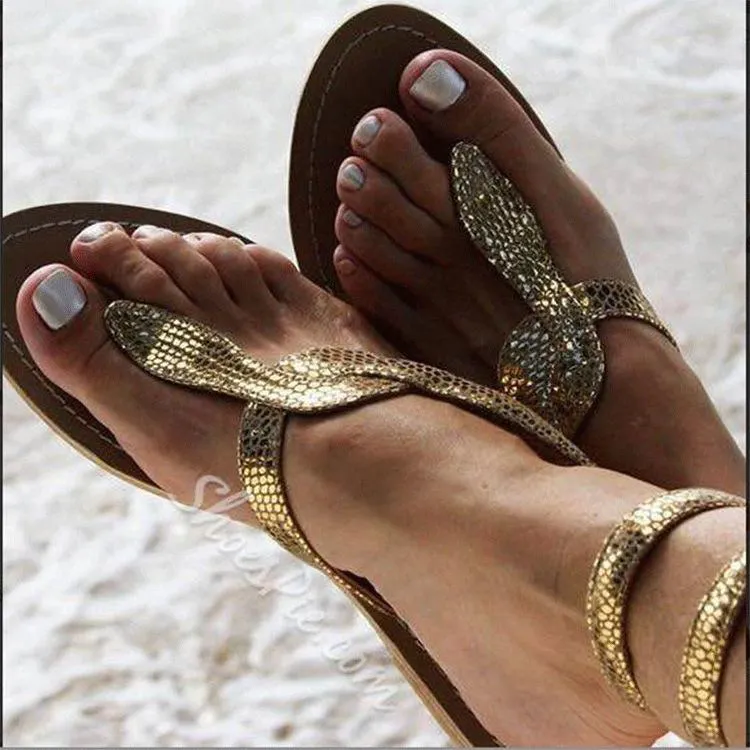 Chicvane Rhinestone Snakeskin Lace Up Flat Sandals T-strap Thong sandals