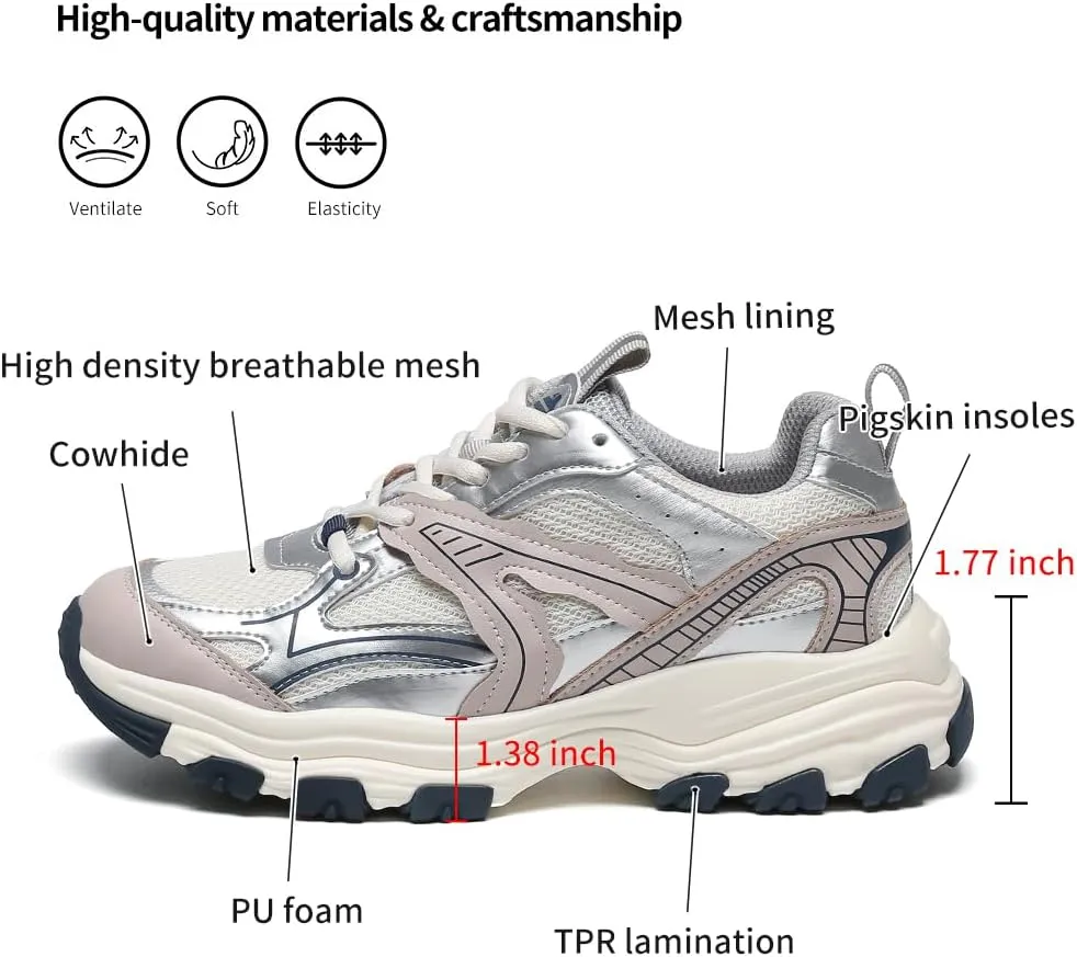 Chunky Sneakers for Women Lace Up Fashion Walking Shoes Platform Casual Running Shoes Silver Tennis Shoes