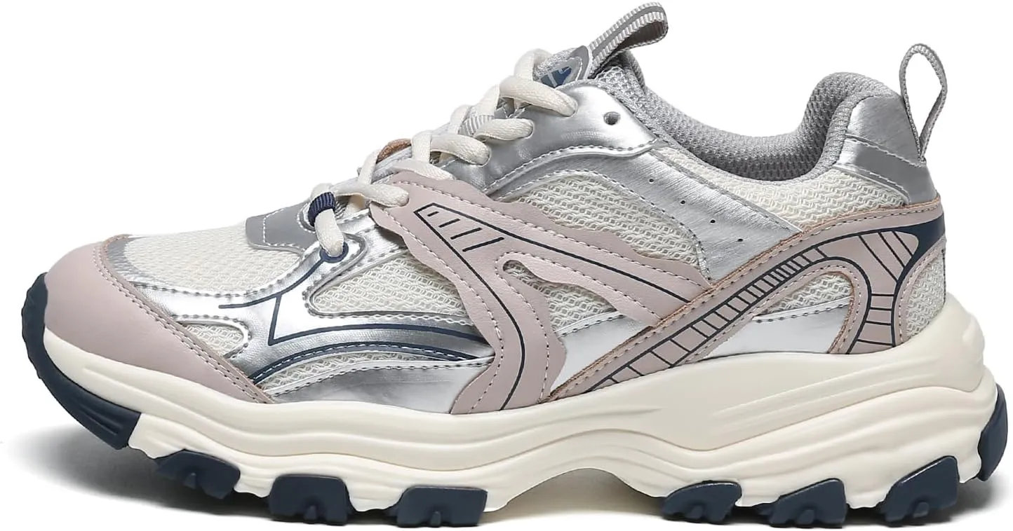 Chunky Sneakers for Women Lace Up Fashion Walking Shoes Platform Casual Running Shoes Silver Tennis Shoes