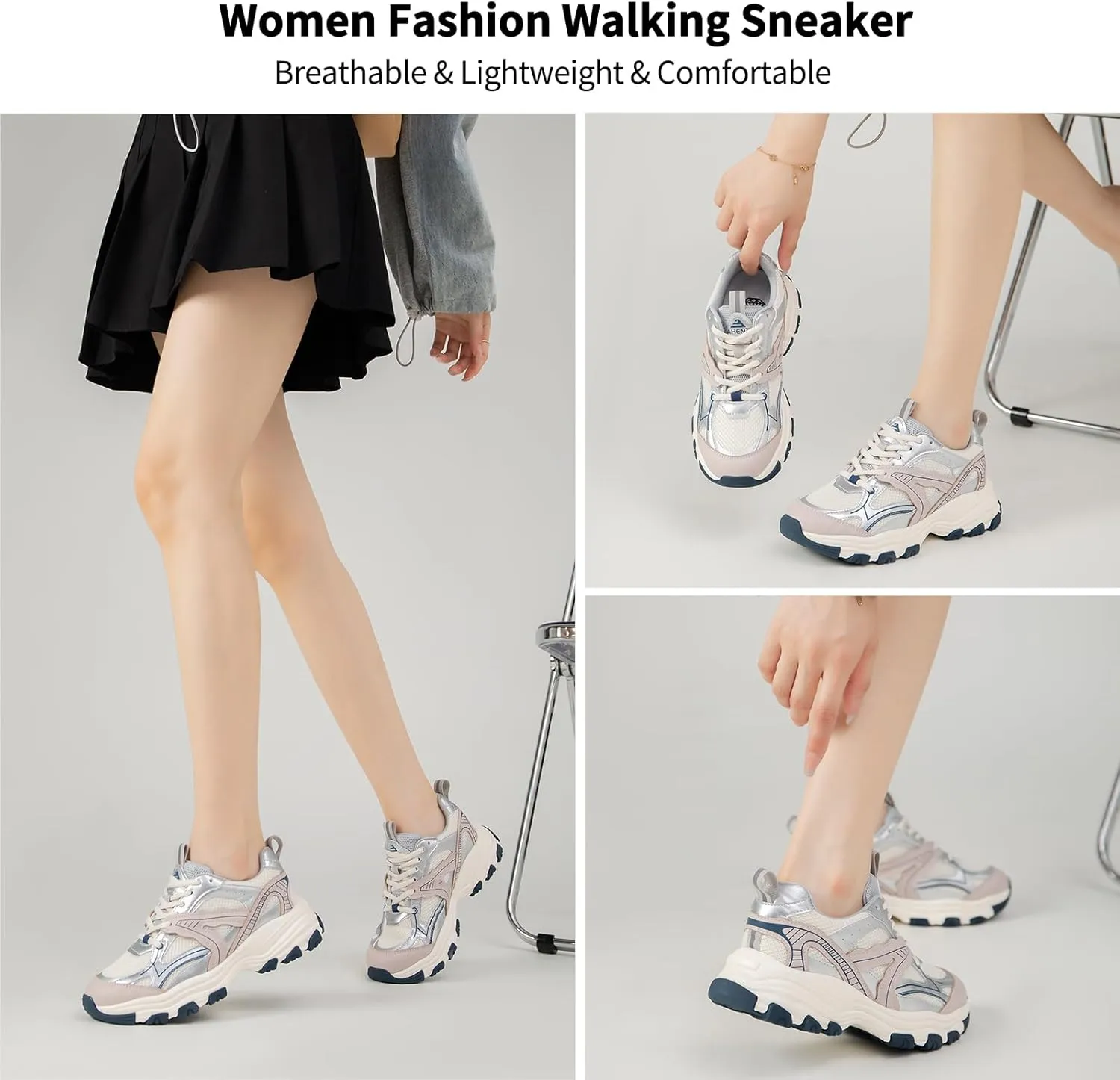Chunky Sneakers for Women Lace Up Fashion Walking Shoes Platform Casual Running Shoes Silver Tennis Shoes