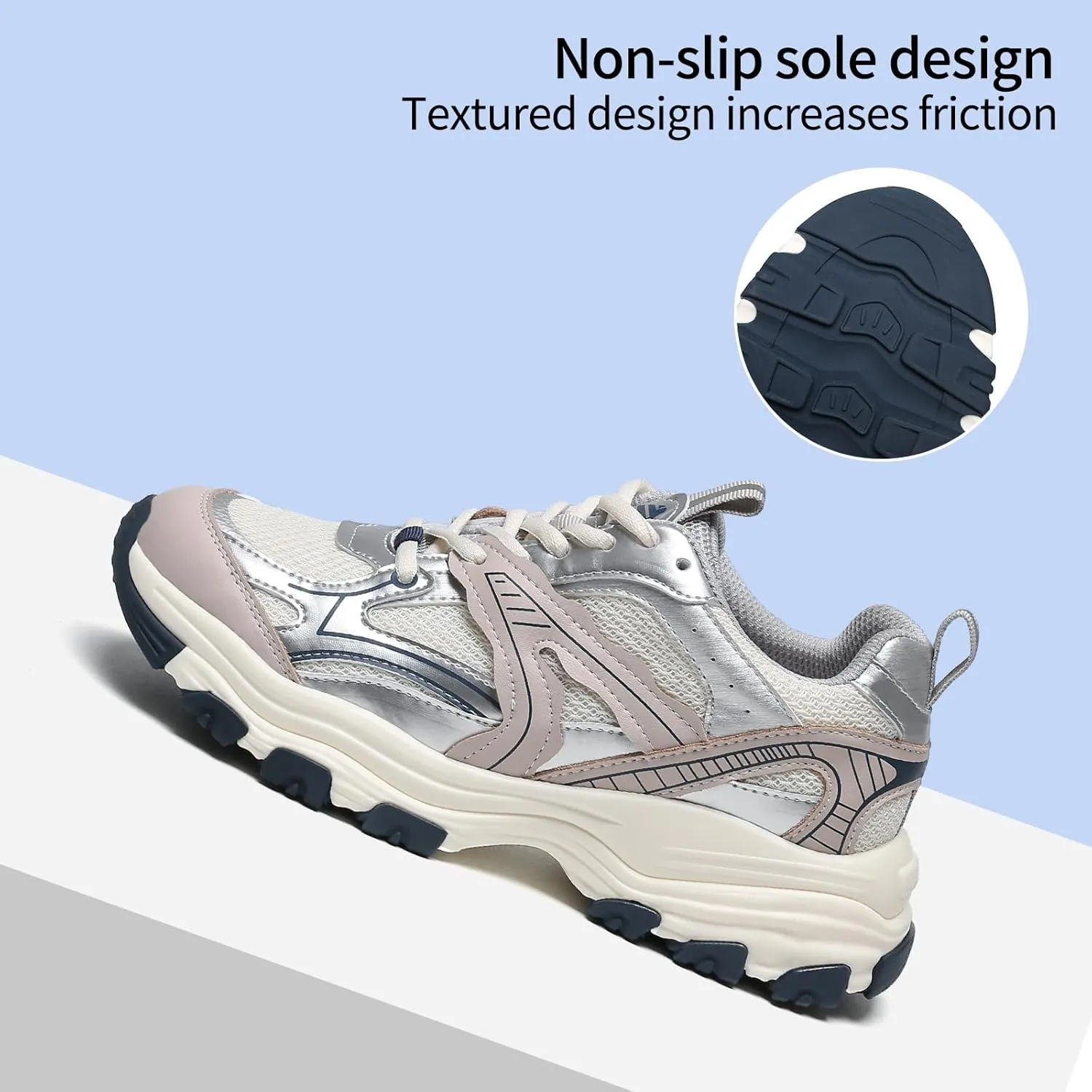 Chunky Sneakers for Women Lace Up Fashion Walking Shoes Platform Casual Running Shoes Silver Tennis Shoes