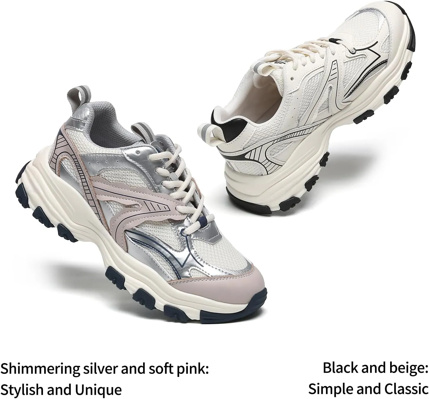 Chunky Sneakers for Women Lace Up Fashion Walking Shoes Platform Casual Running Shoes Silver Tennis Shoes