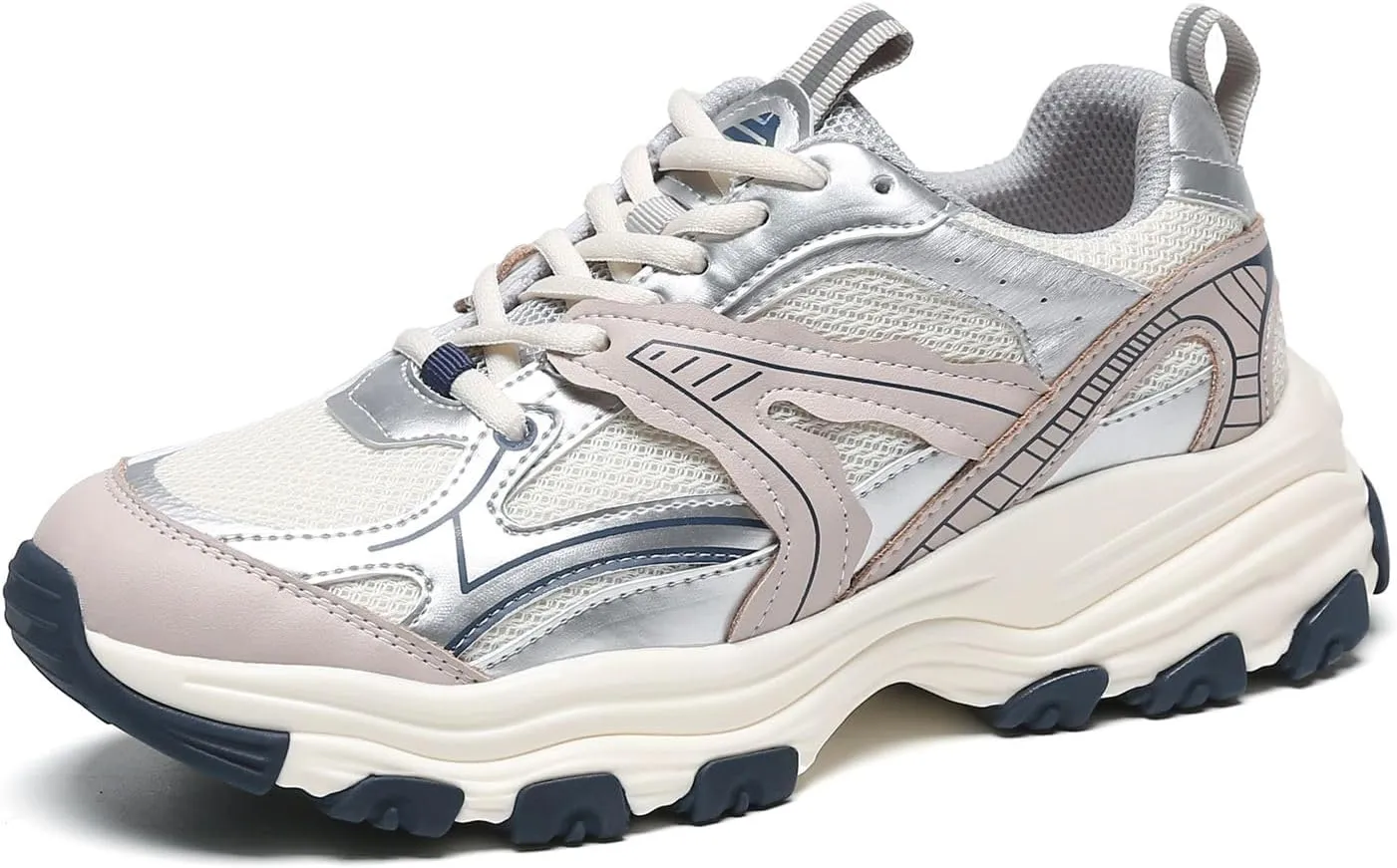 Chunky Sneakers for Women Lace Up Fashion Walking Shoes Platform Casual Running Shoes Silver Tennis Shoes