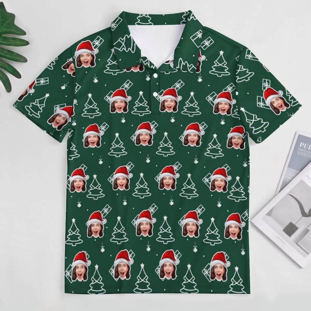 Custom Face Green Christmas Tree All Over Print Polo Shirt Personalized Men's Golf Shirt