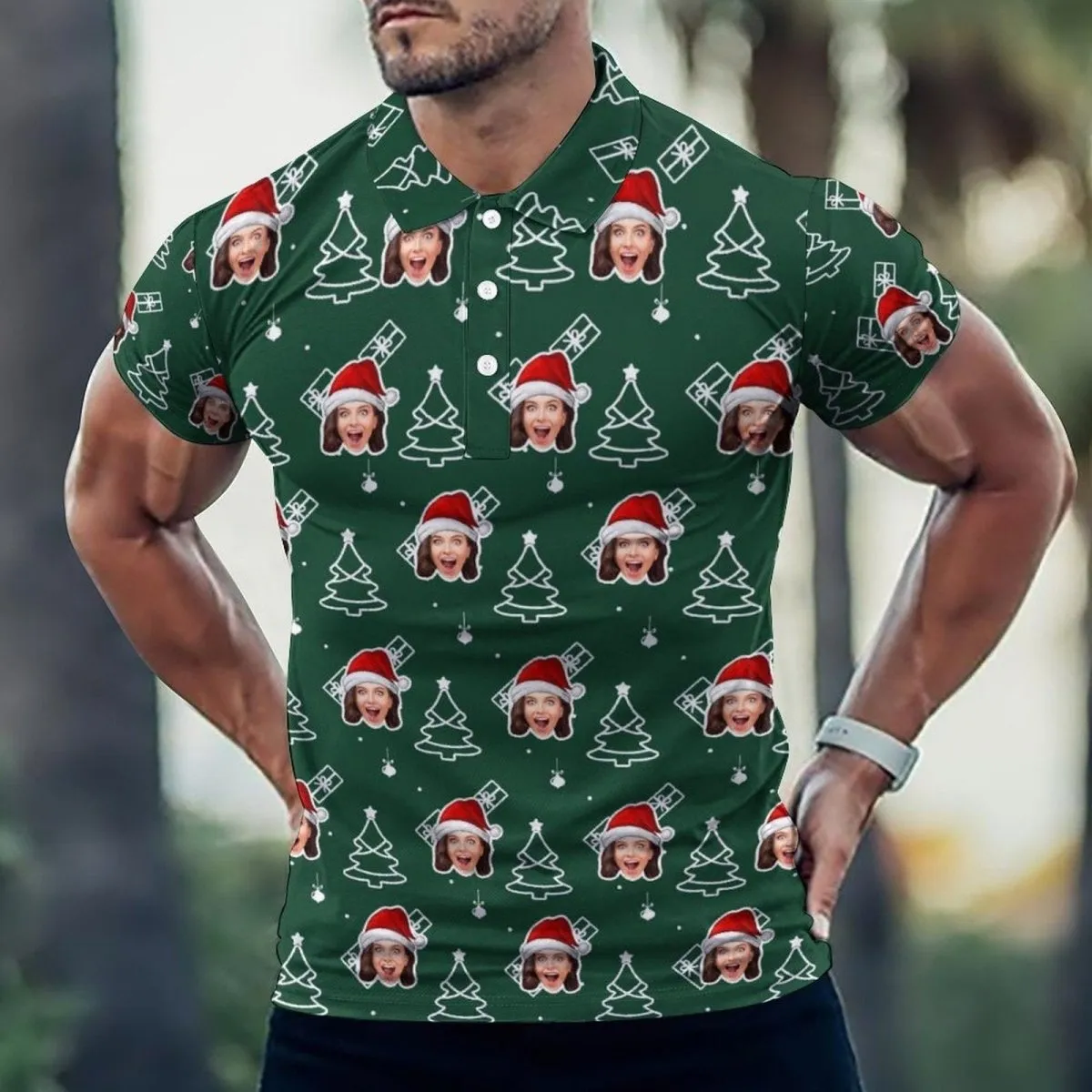 Custom Face Green Christmas Tree All Over Print Polo Shirt Personalized Men's Golf Shirt