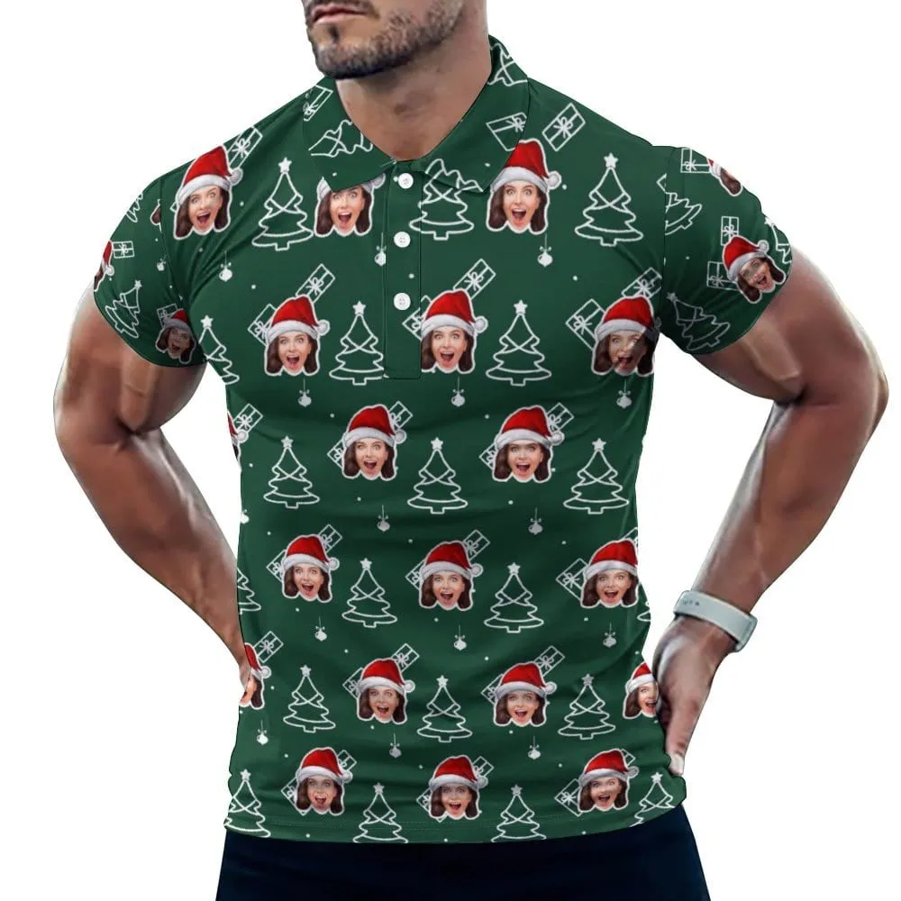 Custom Face Green Christmas Tree All Over Print Polo Shirt Personalized Men's Golf Shirt