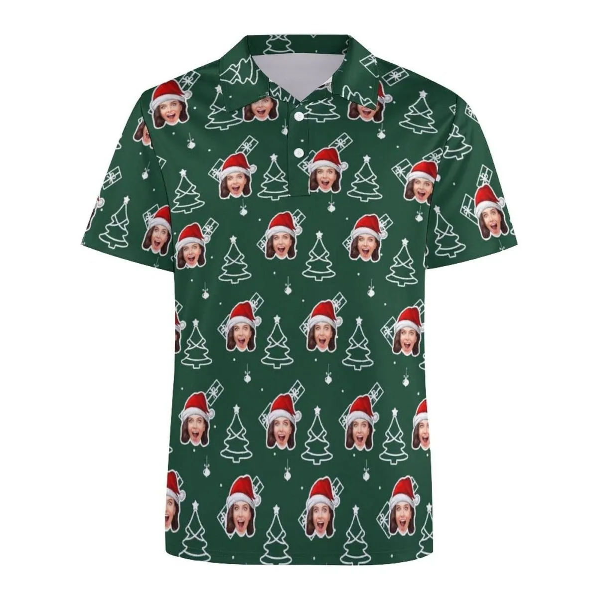 Custom Face Green Christmas Tree All Over Print Polo Shirt Personalized Men's Golf Shirt