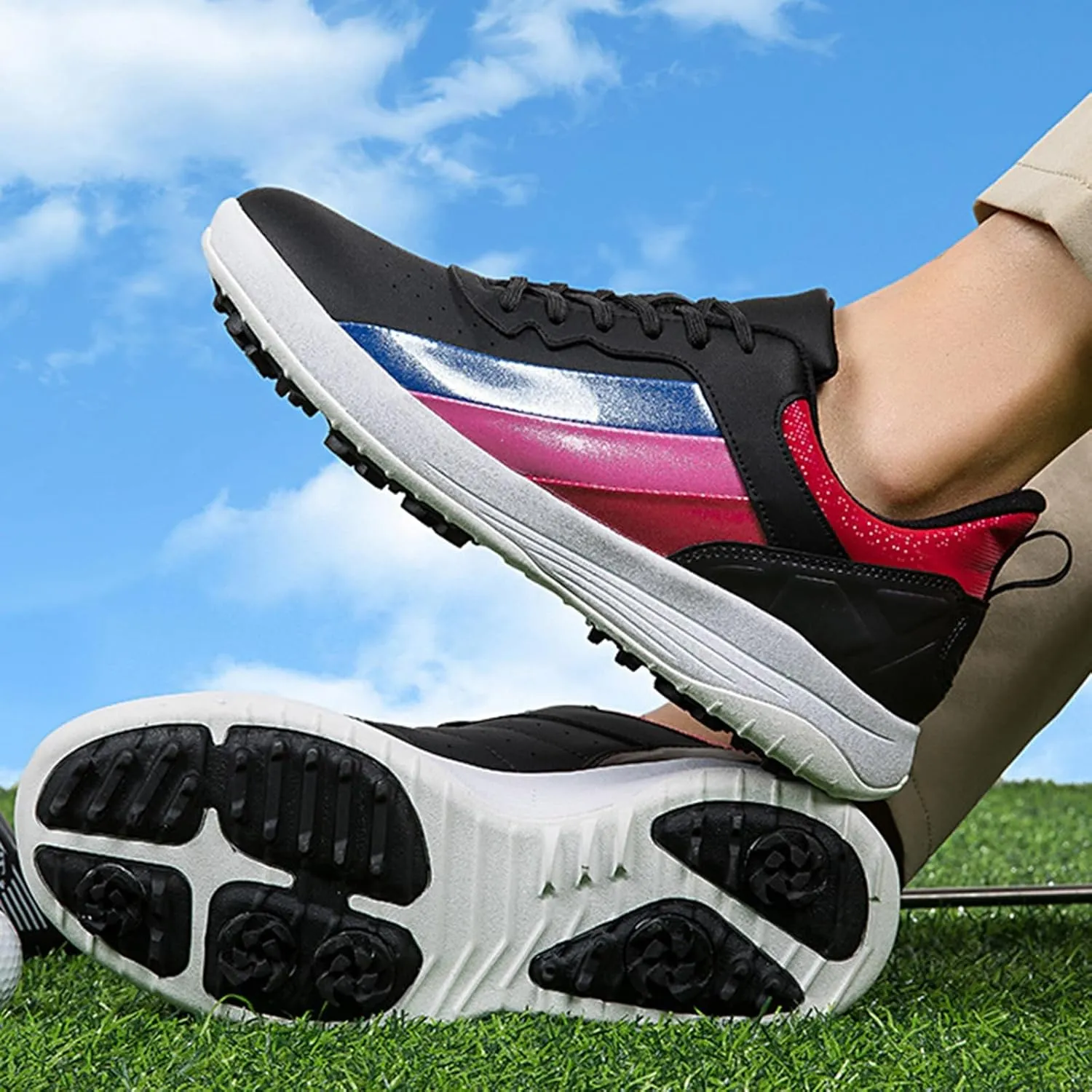 DHAEY Mens Golf Shoes Spiked Athletic Walking Fitness Shoes Fashion Waterproof Golfers Sneakers Sport Gym Shoes with Spikes (Color : C, Size : 8.5 Women/7 Men)