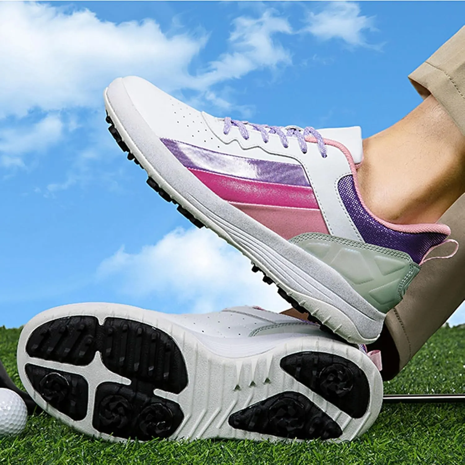 DHAEY Mens Golf Shoes Spiked Athletic Walking Fitness Shoes Fashion Waterproof Golfers Sneakers Sport Gym Shoes with Spikes (Color : C, Size : 8.5 Women/7 Men)