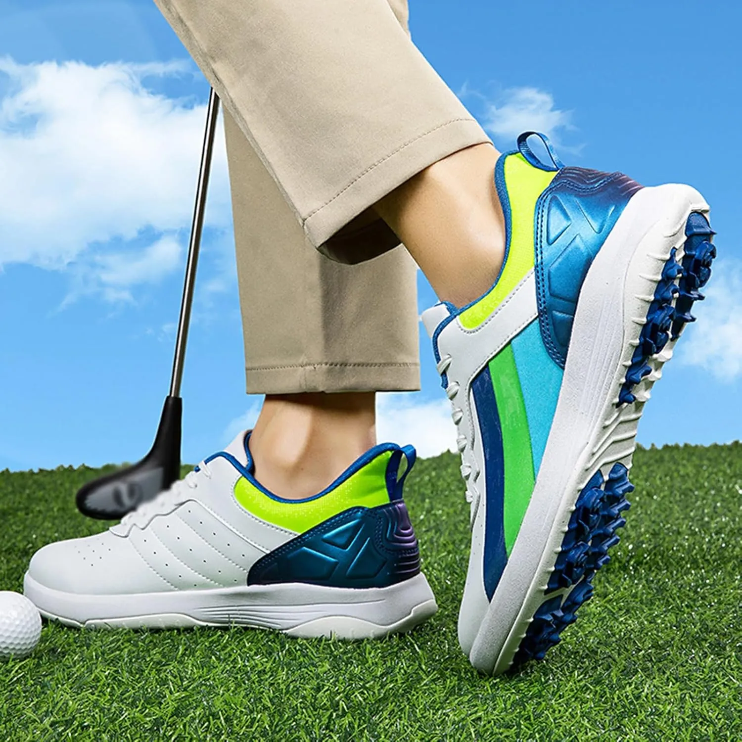 DHAEY Mens Golf Shoes Spiked Athletic Walking Fitness Shoes Fashion Waterproof Golfers Sneakers Sport Gym Shoes with Spikes (Color : C, Size : 8.5 Women/7 Men)