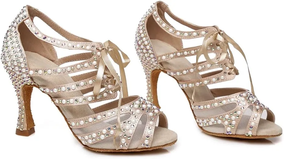 DKZSYIM Women Rhinestone Ballroom Dance Shoes Latin Salsa Perfermence Practice Dancing Shoes,Model YCL433