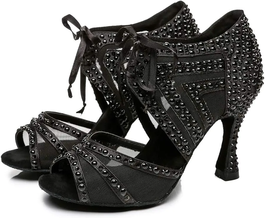 DKZSYIM Women Rhinestone Ballroom Dance Shoes Latin Salsa Perfermence Practice Dancing Shoes,Model YCL433