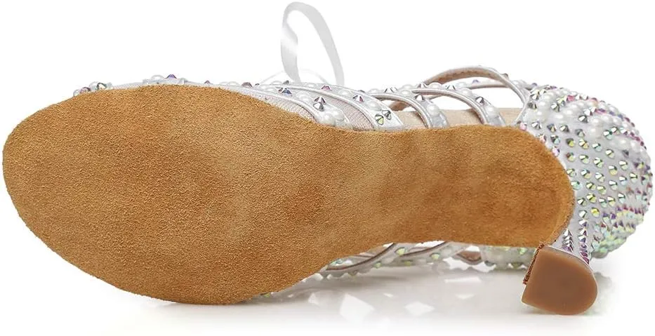 DKZSYIM Women Rhinestone Ballroom Dance Shoes Latin Salsa Perfermence Practice Dancing Shoes,Model YCL433