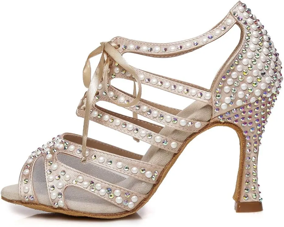 DKZSYIM Women Rhinestone Ballroom Dance Shoes Latin Salsa Perfermence Practice Dancing Shoes,Model YCL433