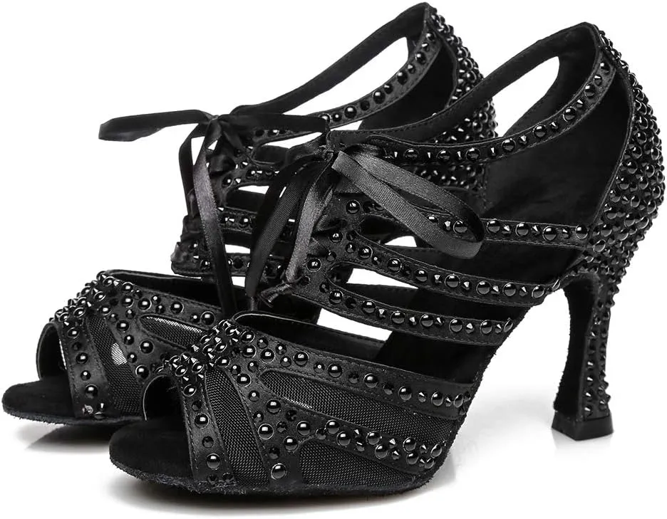 DKZSYIM Women Rhinestone Ballroom Dance Shoes Latin Salsa Perfermence Practice Dancing Shoes,Model YCL433