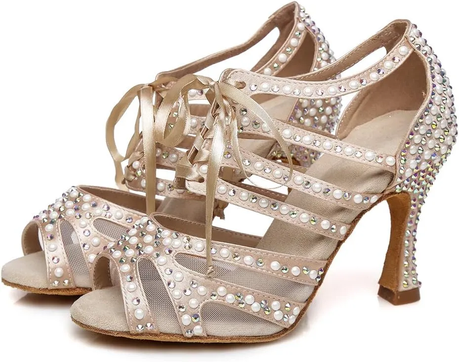 DKZSYIM Women Rhinestone Ballroom Dance Shoes Latin Salsa Perfermence Practice Dancing Shoes,Model YCL433