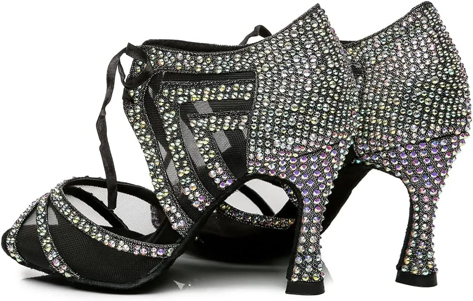 DKZSYIM Women Rhinestone Ballroom Dance Shoes Latin Salsa Perfermence Practice Dancing Shoes,Model YCL433