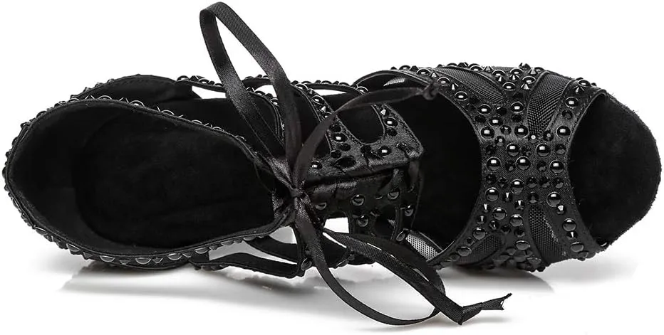 DKZSYIM Women Rhinestone Ballroom Dance Shoes Latin Salsa Perfermence Practice Dancing Shoes,Model YCL433