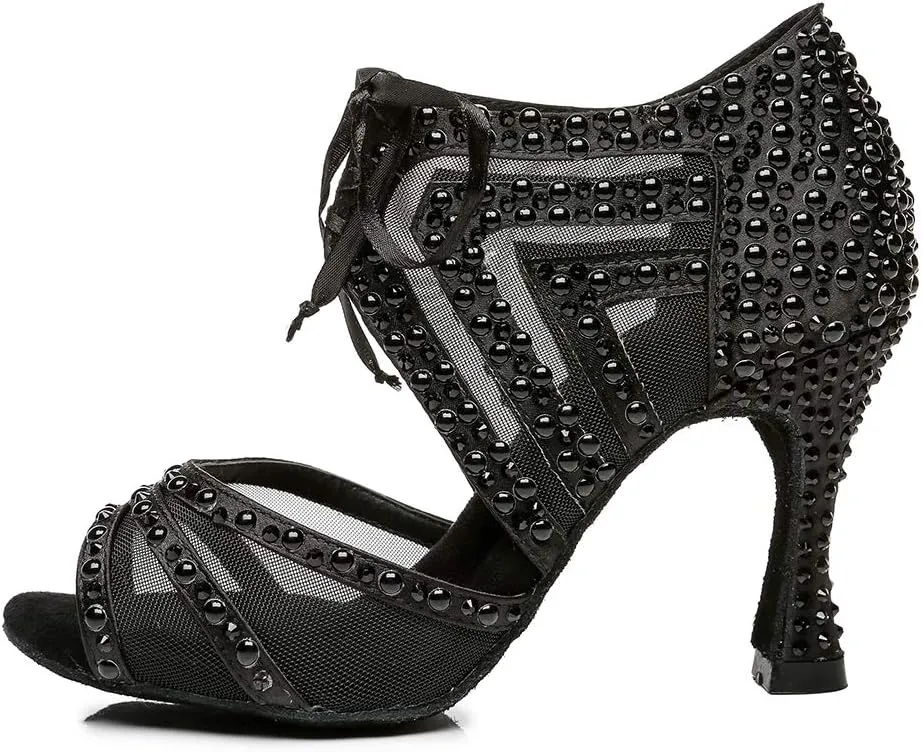 DKZSYIM Women Rhinestone Ballroom Dance Shoes Latin Salsa Perfermence Practice Dancing Shoes,Model YCL433