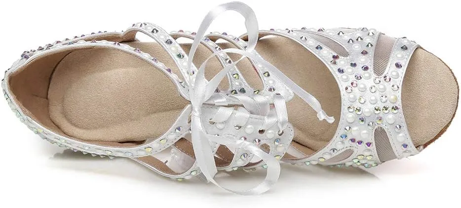 DKZSYIM Women Rhinestone Ballroom Dance Shoes Latin Salsa Perfermence Practice Dancing Shoes,Model YCL433