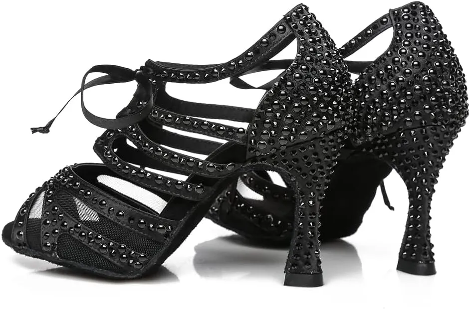 DKZSYIM Women Rhinestone Ballroom Dance Shoes Latin Salsa Perfermence Practice Dancing Shoes,Model YCL433