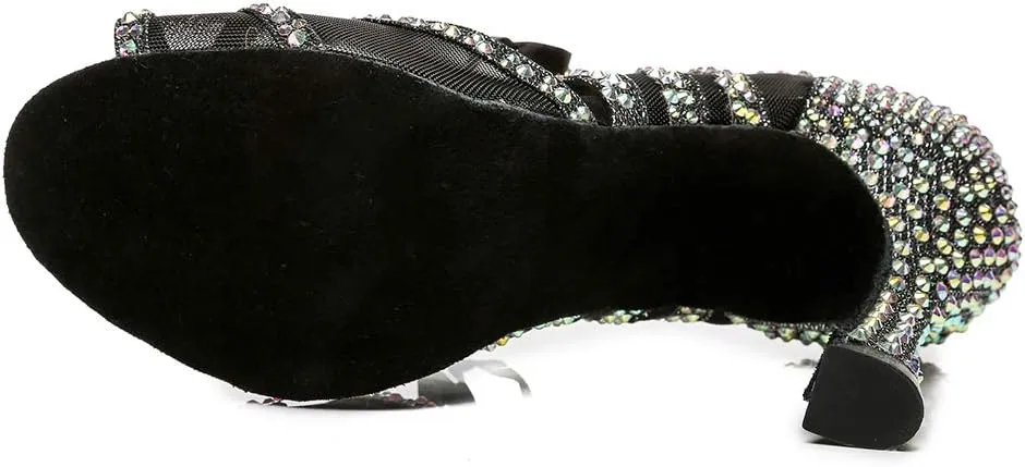 DKZSYIM Women Rhinestone Ballroom Dance Shoes Latin Salsa Perfermence Practice Dancing Shoes,Model YCL433