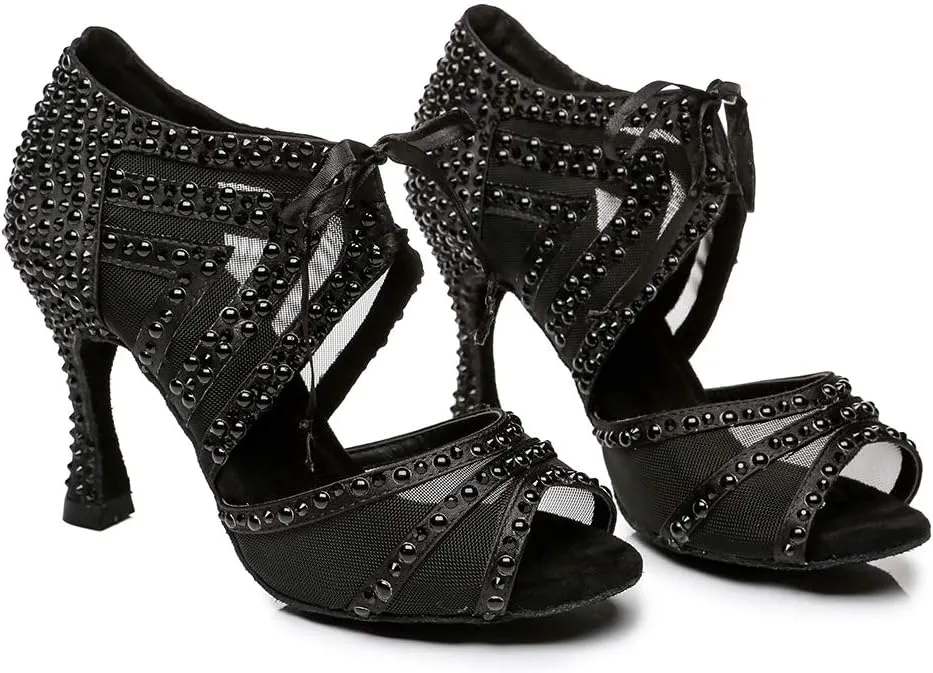 DKZSYIM Women Rhinestone Ballroom Dance Shoes Latin Salsa Perfermence Practice Dancing Shoes,Model YCL433