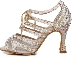 DKZSYIM Women Rhinestone Ballroom Dance Shoes Latin Salsa Perfermence Practice Dancing Shoes,Model YCL433