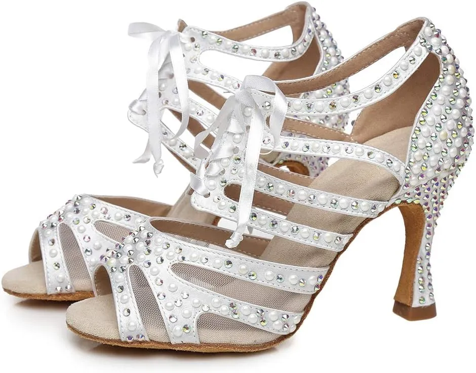 DKZSYIM Women Rhinestone Ballroom Dance Shoes Latin Salsa Perfermence Practice Dancing Shoes,Model YCL433