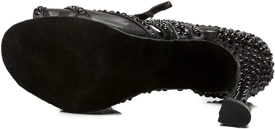 DKZSYIM Women Rhinestone Ballroom Dance Shoes Latin Salsa Perfermence Practice Dancing Shoes,Model YCL433