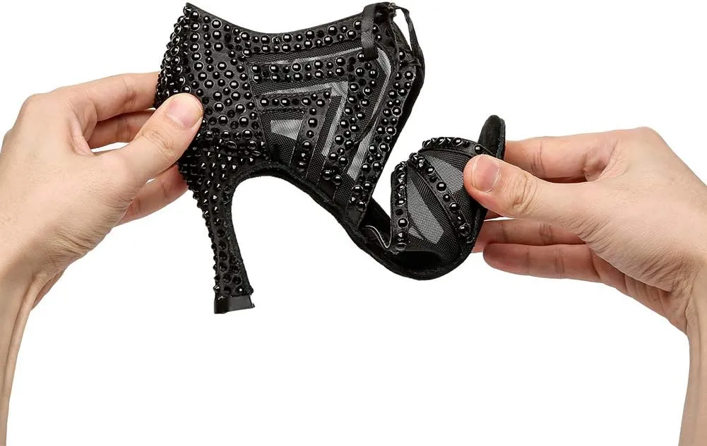 DKZSYIM Women Rhinestone Ballroom Dance Shoes Latin Salsa Perfermence Practice Dancing Shoes,Model YCL433