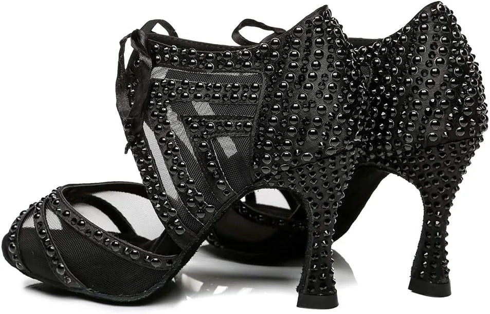 DKZSYIM Women Rhinestone Ballroom Dance Shoes Latin Salsa Perfermence Practice Dancing Shoes,Model YCL433