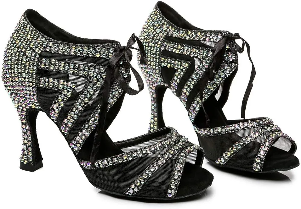 DKZSYIM Women Rhinestone Ballroom Dance Shoes Latin Salsa Perfermence Practice Dancing Shoes,Model YCL433