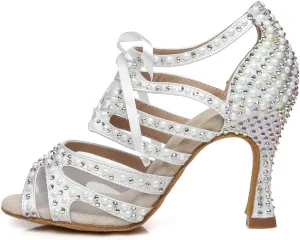 DKZSYIM Women Rhinestone Ballroom Dance Shoes Latin Salsa Perfermence Practice Dancing Shoes,Model YCL433
