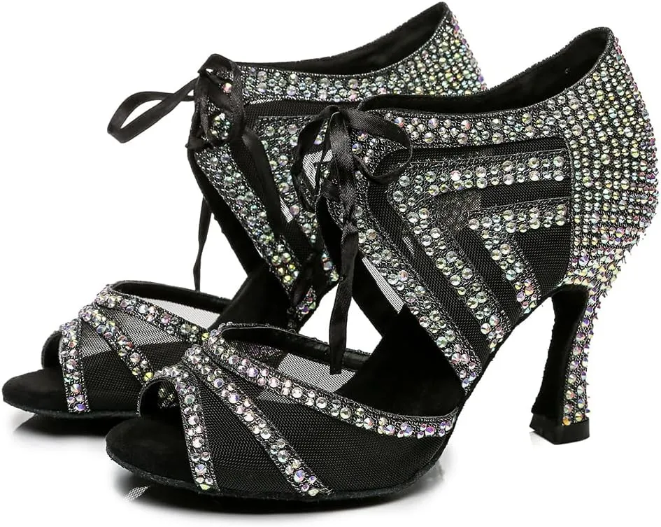 DKZSYIM Women Rhinestone Ballroom Dance Shoes Latin Salsa Perfermence Practice Dancing Shoes,Model YCL433