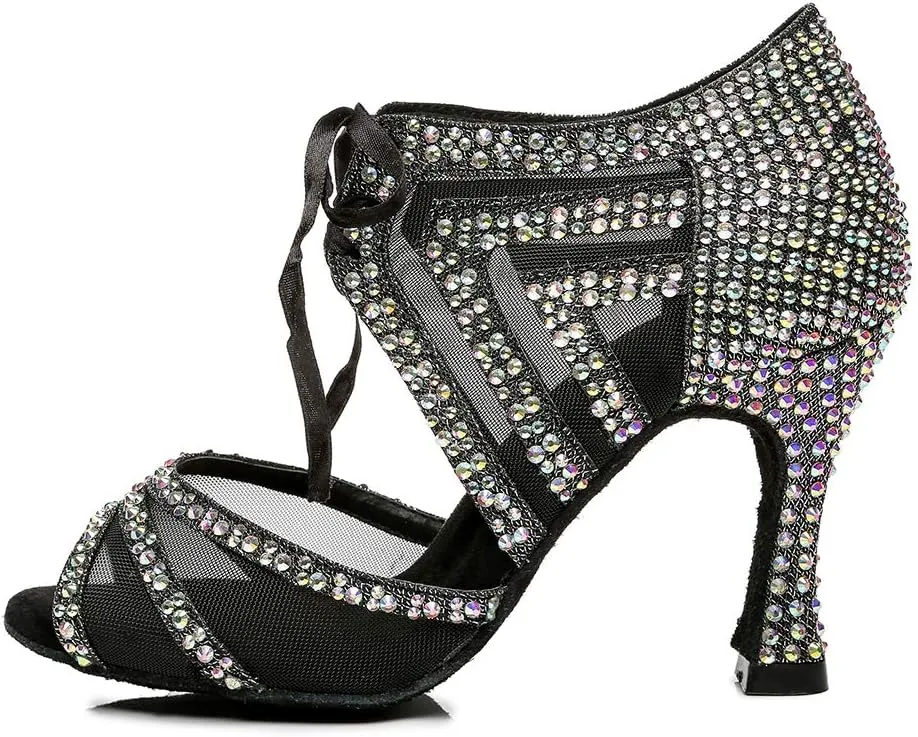 DKZSYIM Women Rhinestone Ballroom Dance Shoes Latin Salsa Perfermence Practice Dancing Shoes,Model YCL433