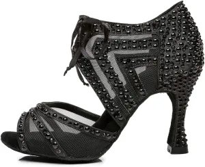 DKZSYIM Women Rhinestone Ballroom Dance Shoes Latin Salsa Perfermence Practice Dancing Shoes,Model YCL433